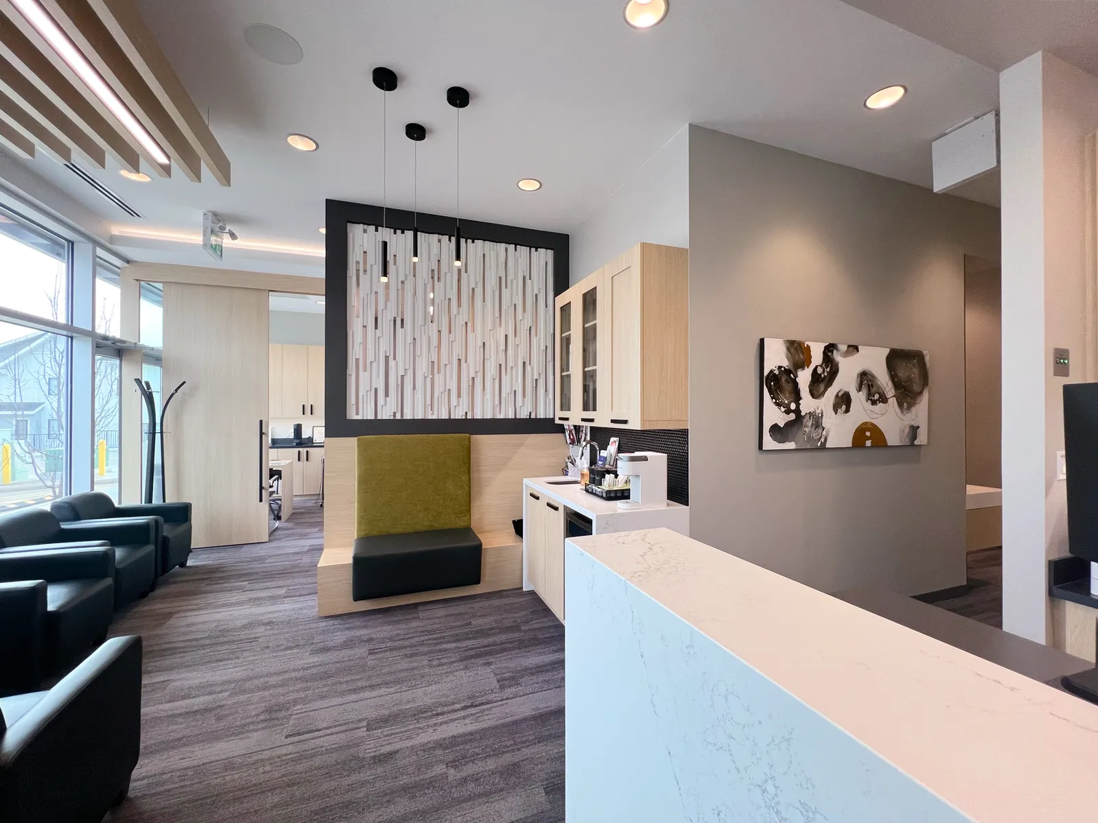 Comfortable bench seating in the waiting area